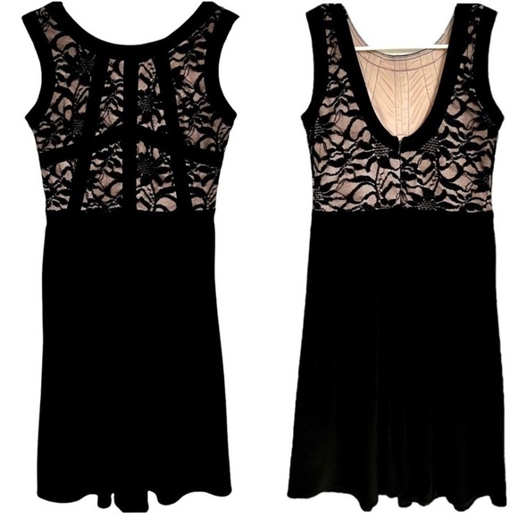 Morgan & Co. Dresses & Skirts - Morgan & Co. Black Swing Dress Lace Bodice with Nude Underlay Pleated Skirt 3/4